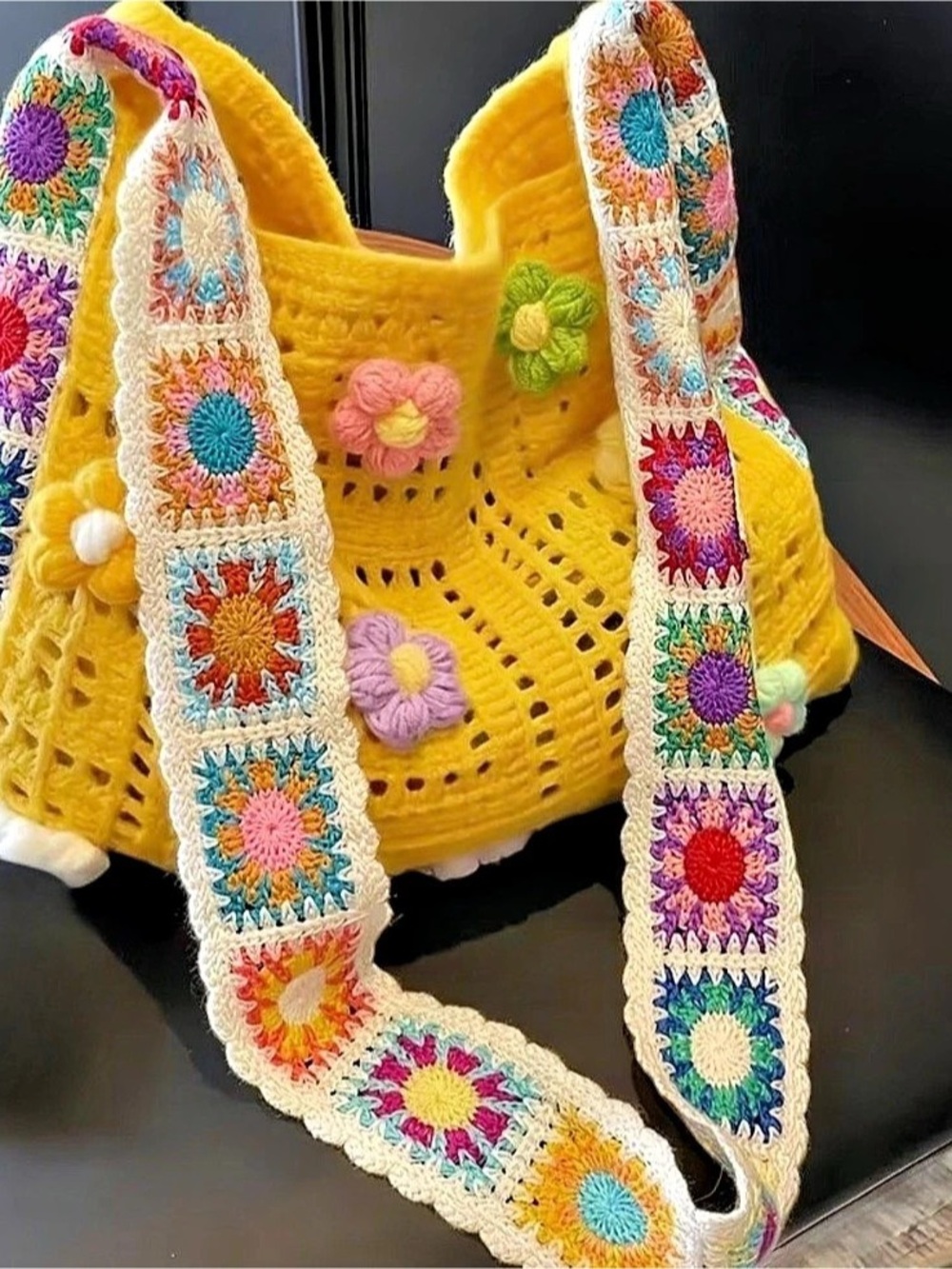 Crochet Floral Backpack in Yellow new in package